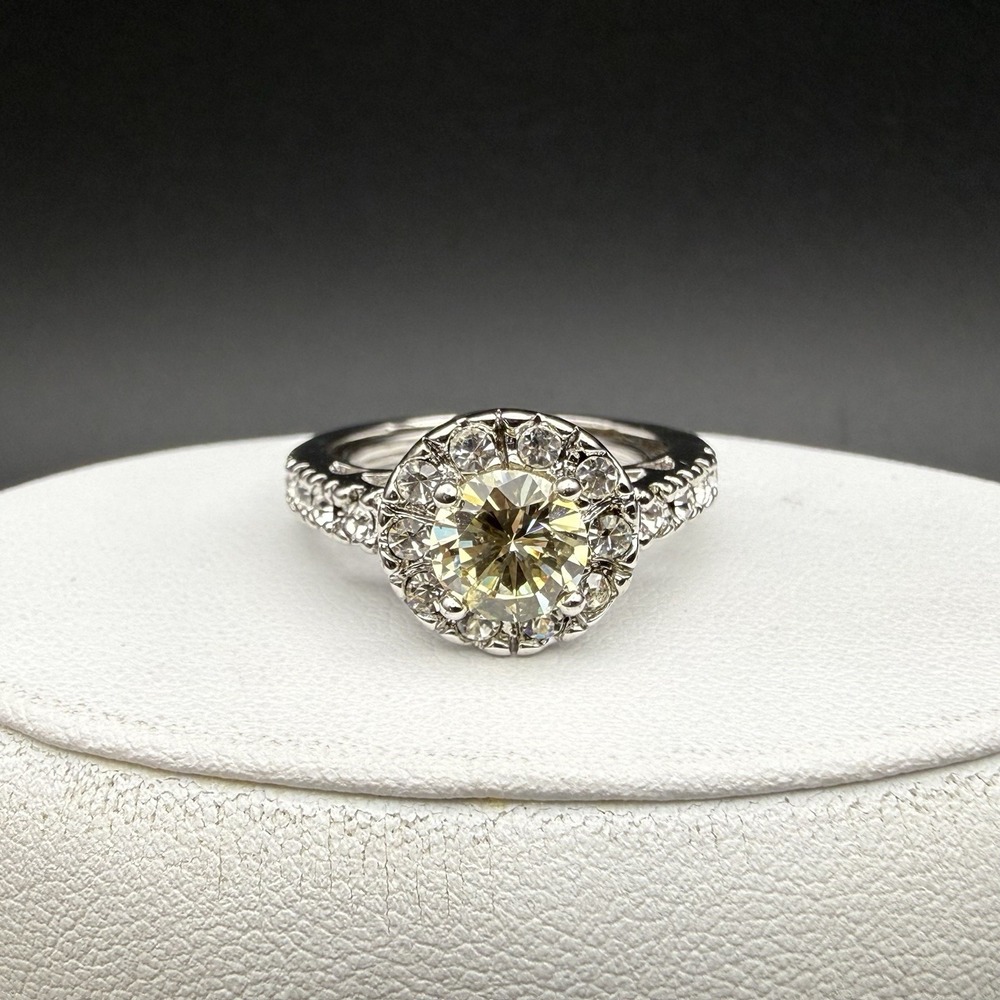 Vintage Avon Canary Yellow Crystal CZ Halo Cocktail Ring Silver Tone Adjustable